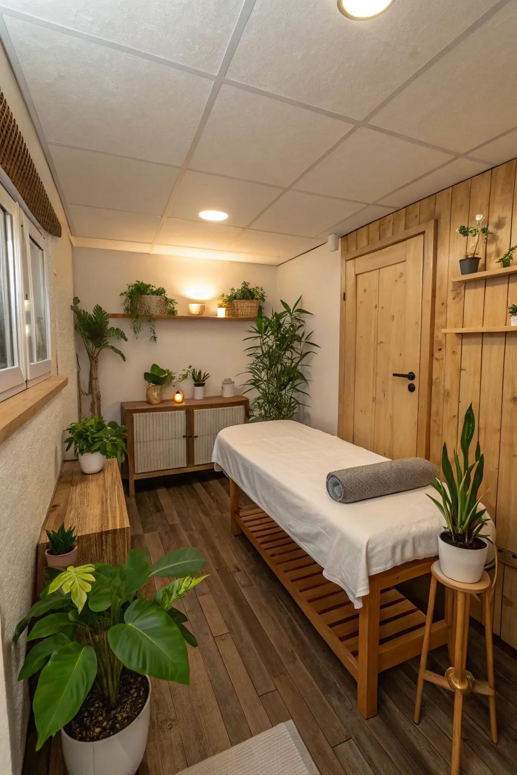 Natural elements such as plants contribute to the tranquility of your massage space.