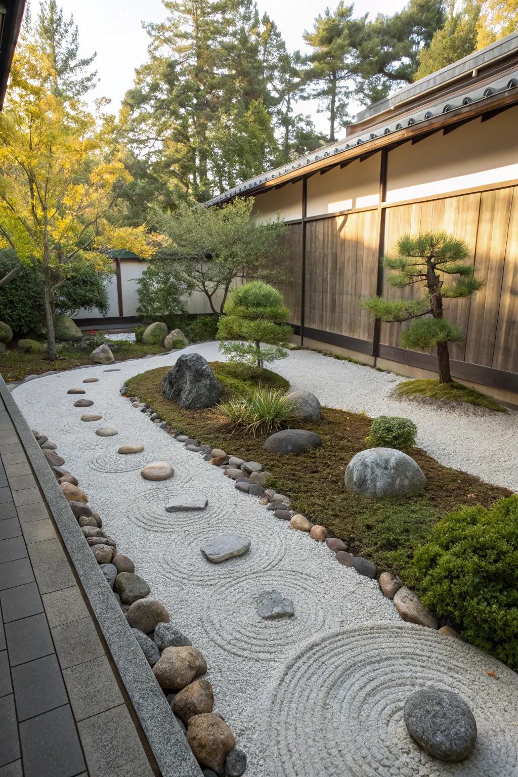 A serene contemplative garden showcasing small rocks and a calming arrangement.