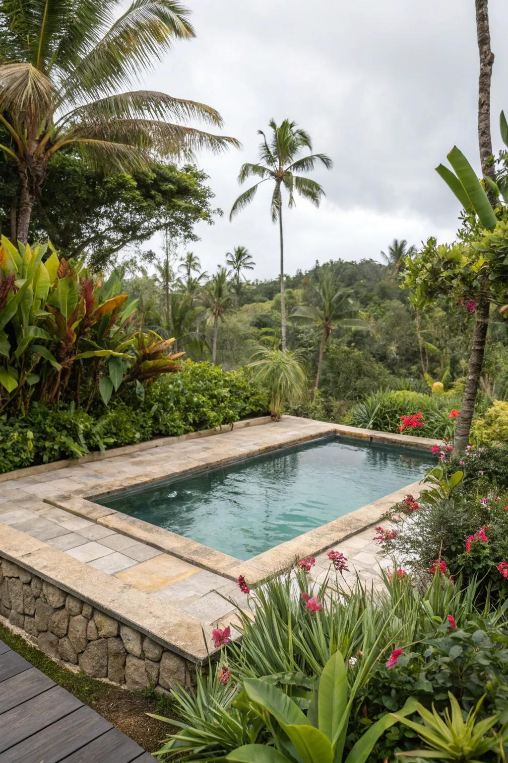 Natural rock accents contribute an earthy and harmonious charm to your tropical pool environment.