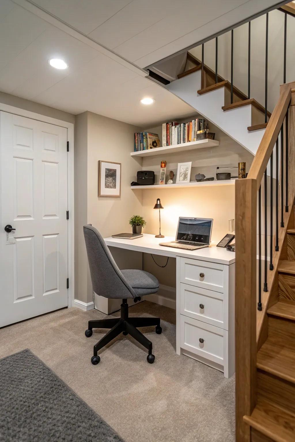 Establish a focused workspace with a small home office in your basement.
