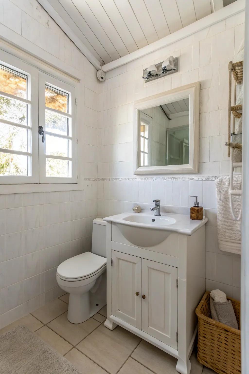 A white and neutral palette can visually amplify a small bathroom.