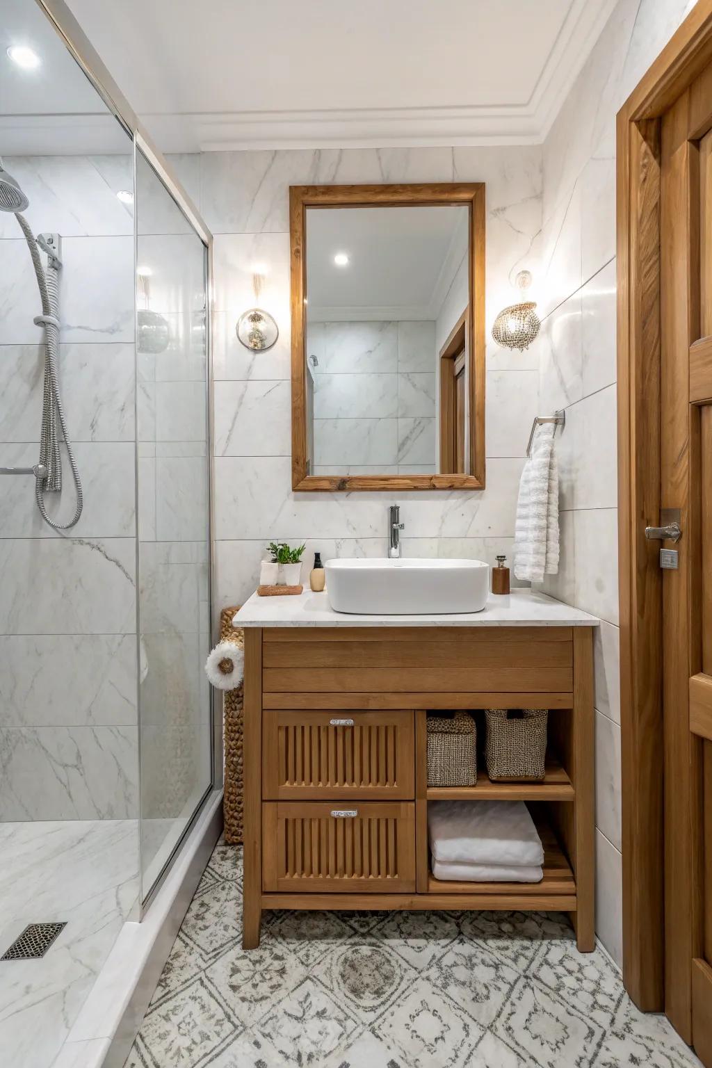 Wood features enrich marble environments with warmth and texture.