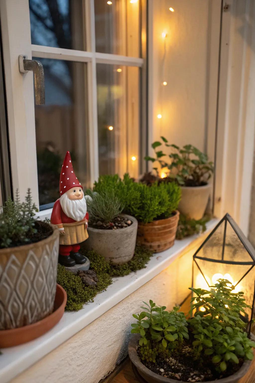 A charming small garden vignette presented in a small window display.
