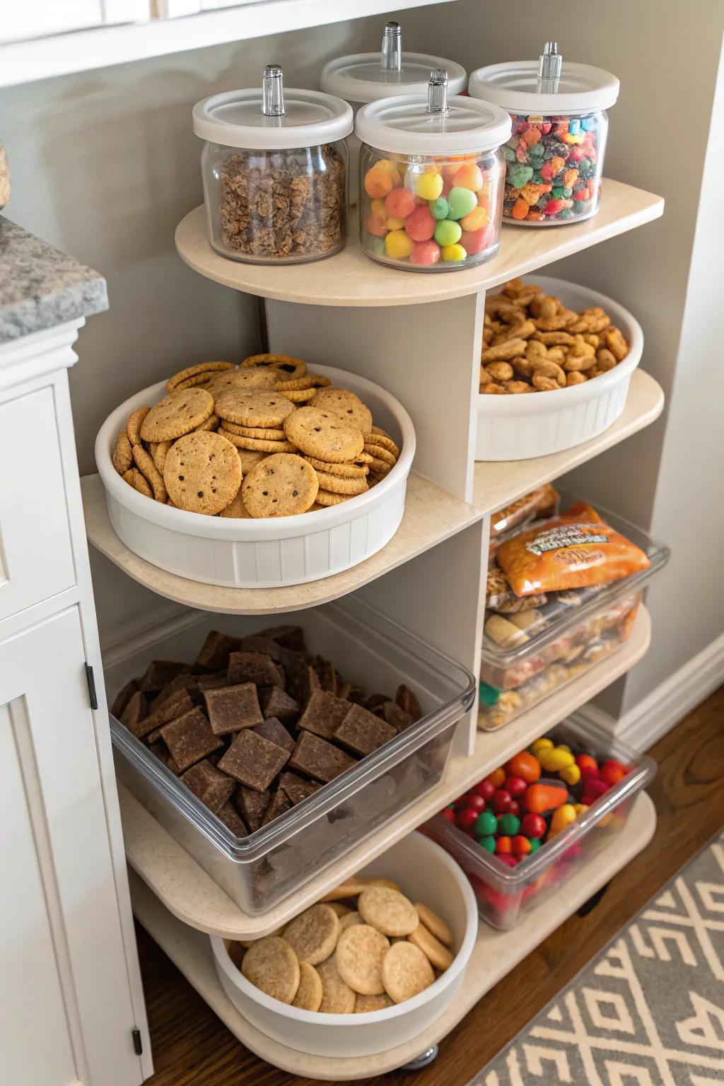 Graded storing optimizes space and keeps snacks arranged.