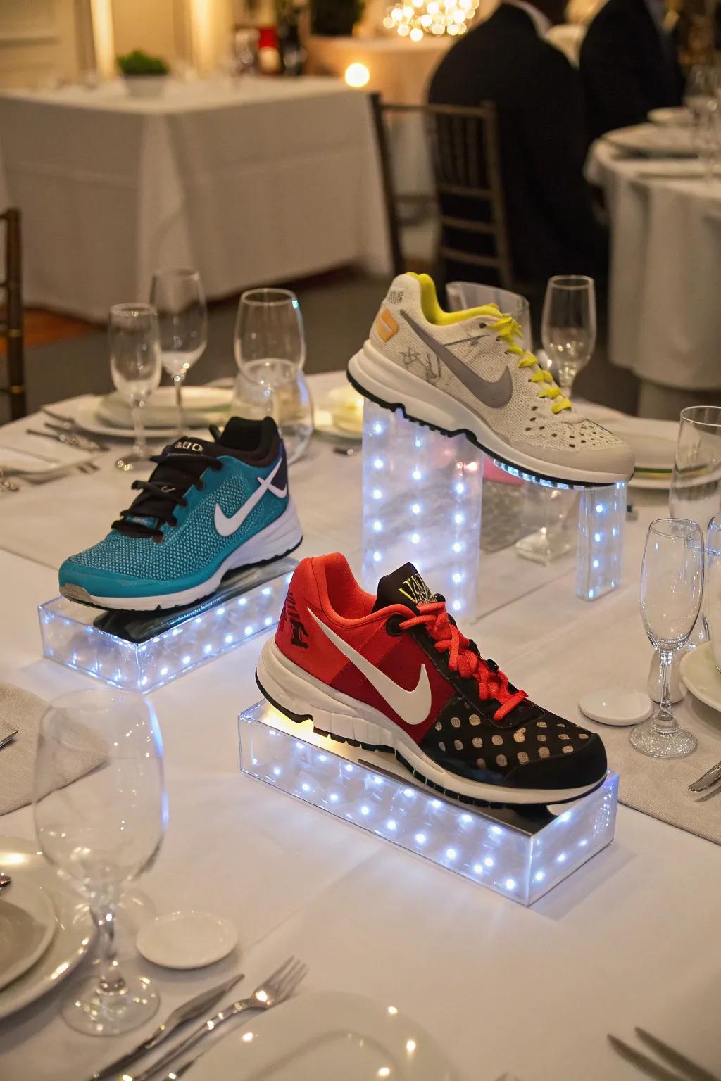 Footwear centerpieces introducing a distinctive element to the table.