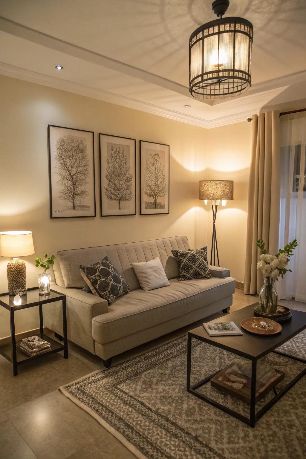 An elegant sleeper couch in a petite living area, tailored for hosting visitors.