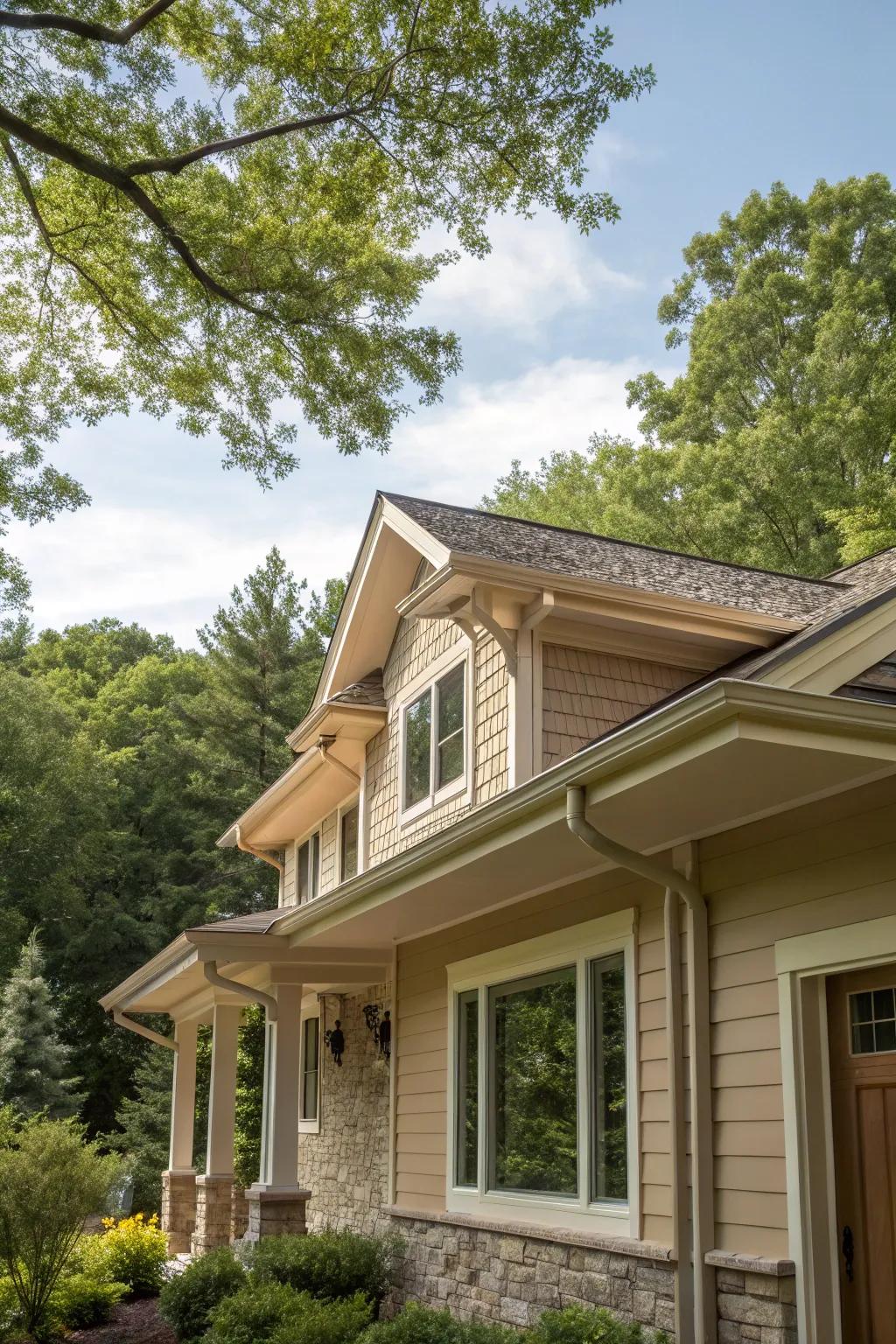 Earthy sandstone soffit and fascia offer a warm, inviting appeal.