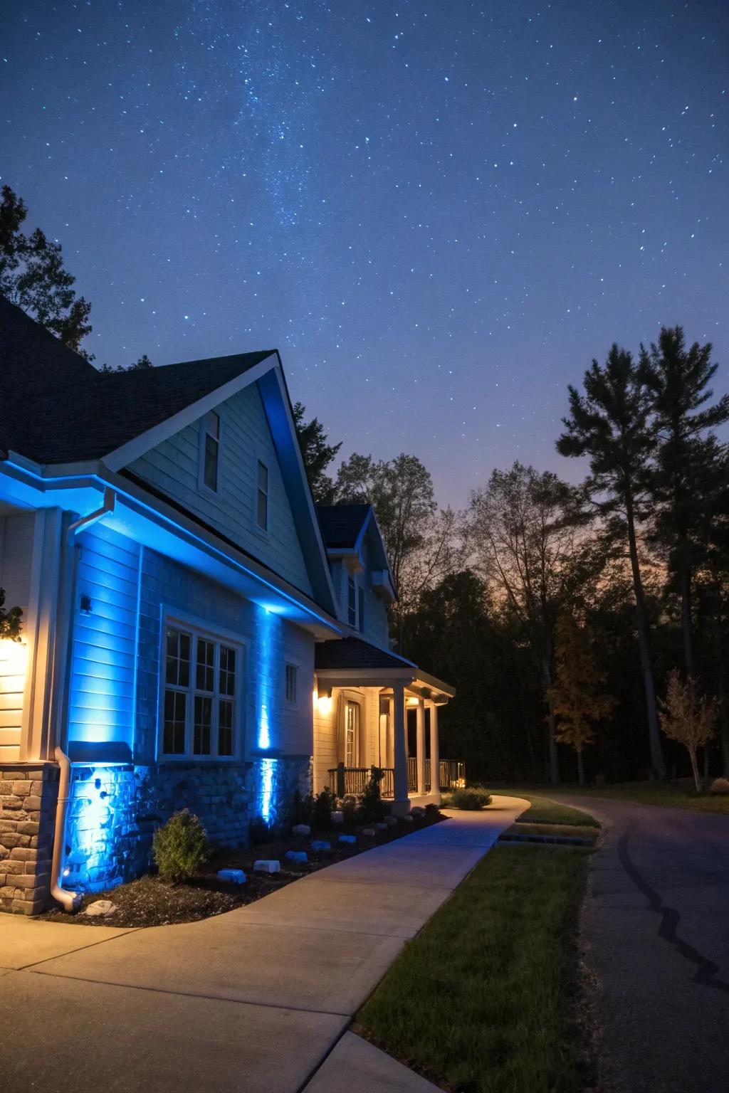 Soft blue soffit lights contribute a playful element to a home’s exterior.