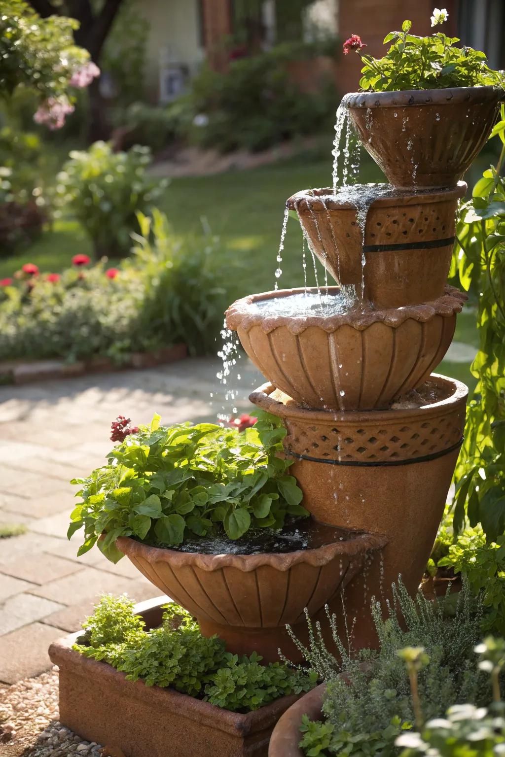 Multi-layered earthenware containers create an eye-catching sun-powered fountain.