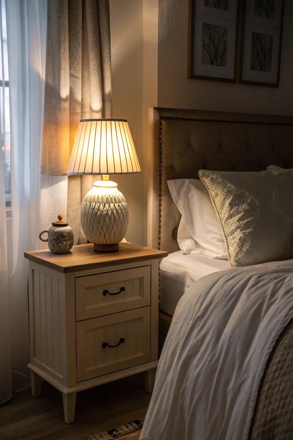 Establish a soothing ambiance with gentle, comforting lighting.