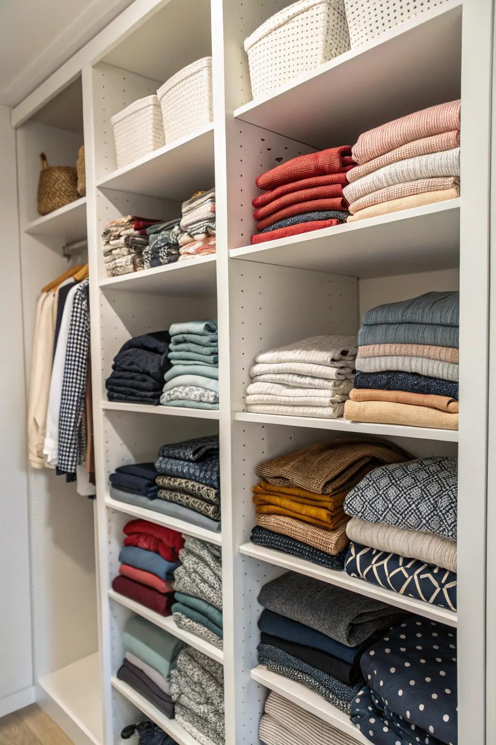 Shelf organizers maintain order in your closet by keeping stacks from combining and toppling.
