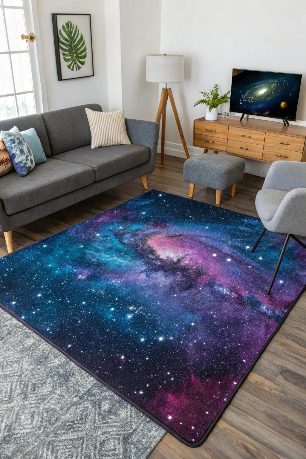 Step into space with a ground covering featuring a galaxy design that supports the room.