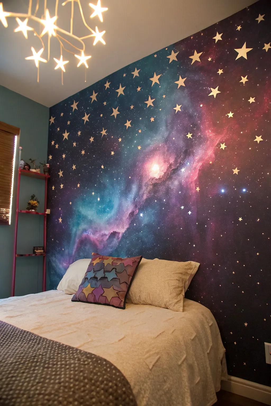 A galaxy mural that serves as an inspiring and spectacular backdrop.