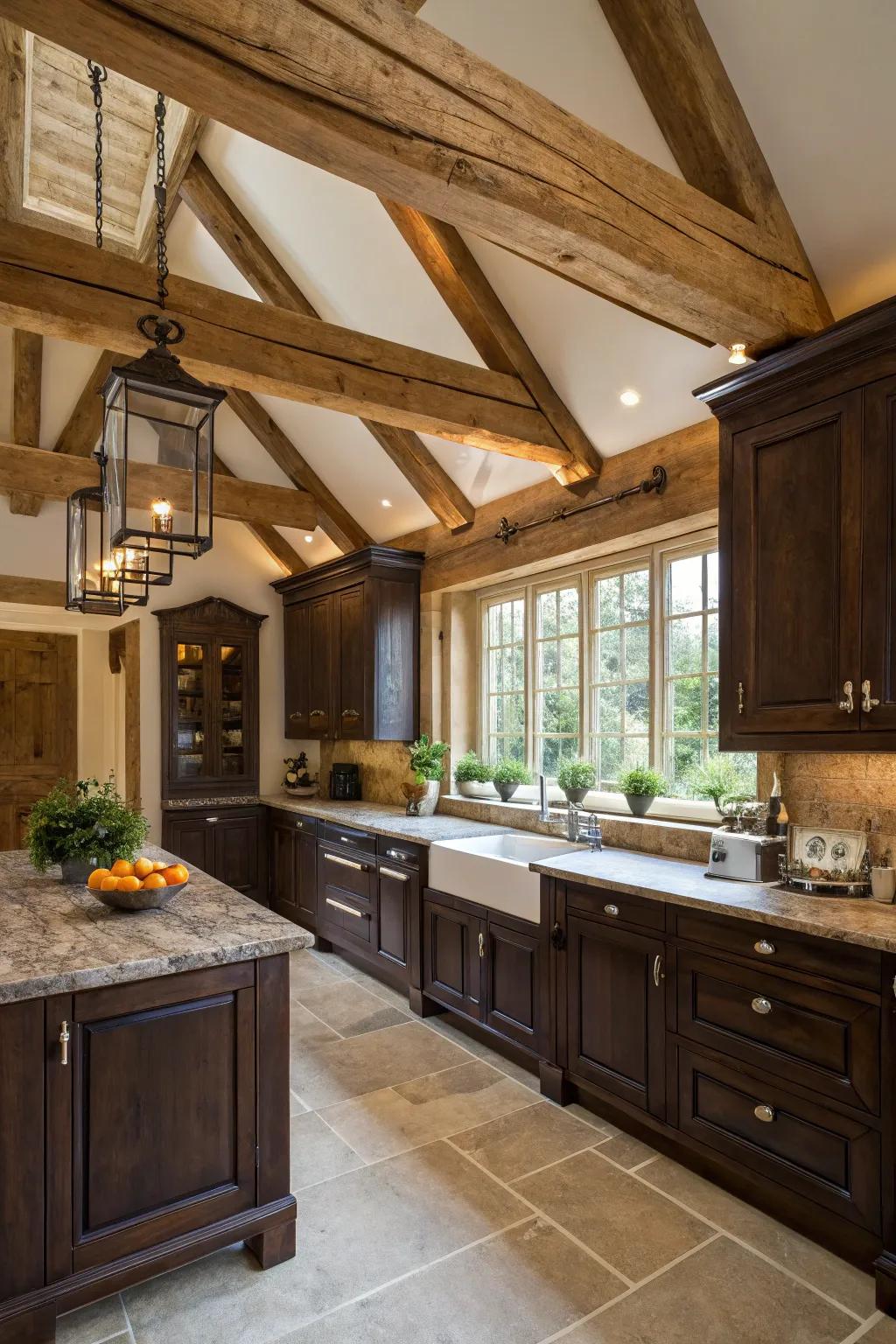 Wood components amplify the countryside appeal of this Spanish cooking space.