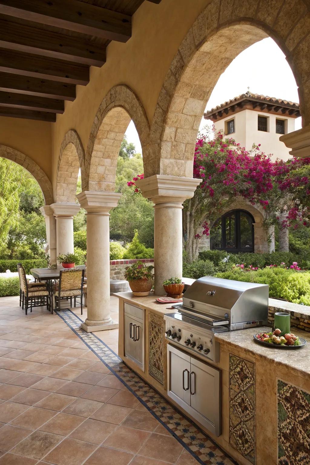 Sophisticated vaults and columns impart timeless Spanish magnetism to this outdoor cooking space.