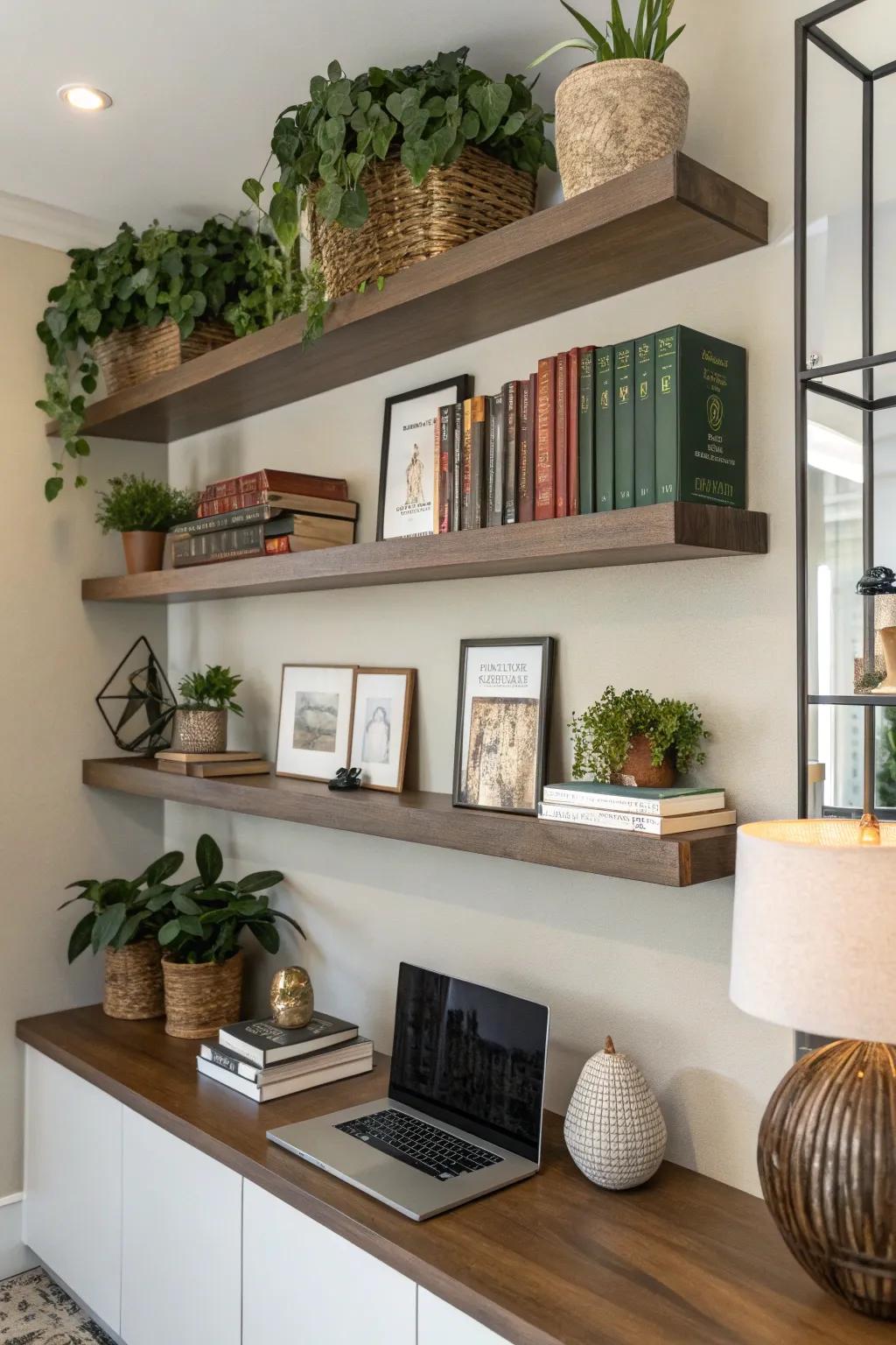 Wall-mounted shelves introduce style and storage without the clutter.