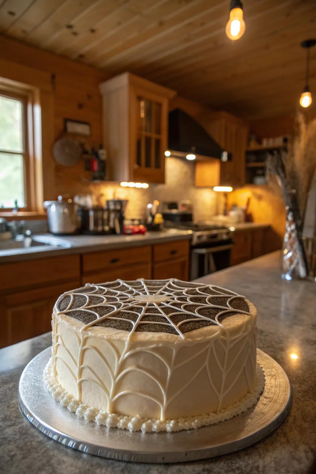 A cake embellished with a delicate cobweb motif.