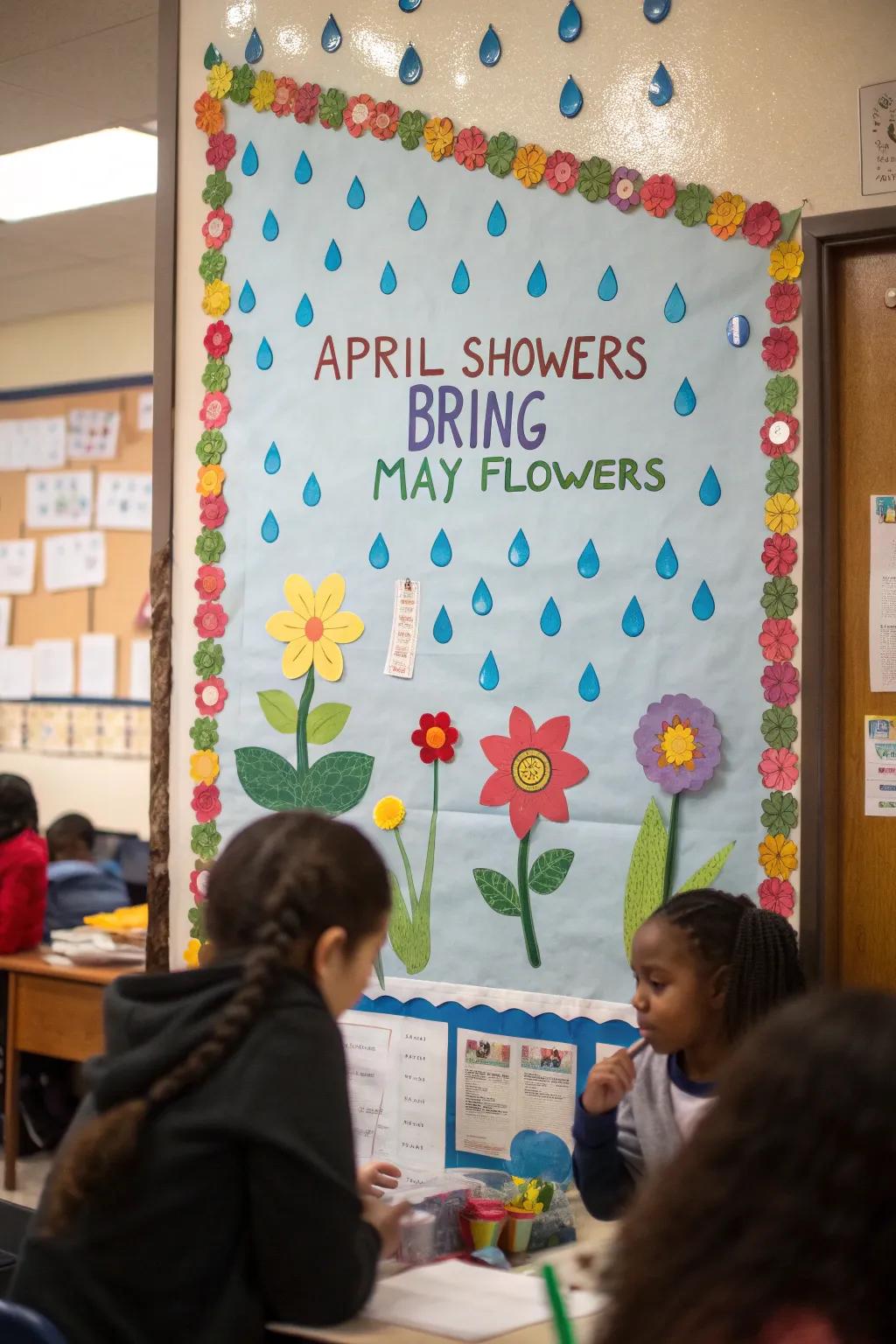An uplifting bulletin board featuring raindrops and blooming flowers, symbolizing renewal.