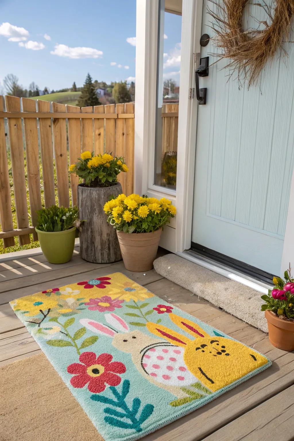 A playful welcome mat contributes a welcoming element to your porch, ideally suited for springtime.