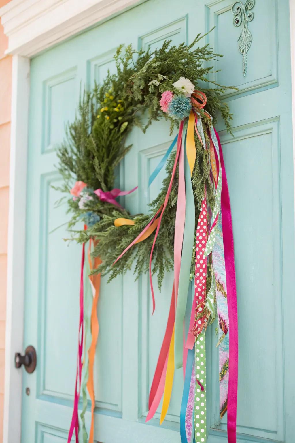 Ribbons adding a fanciful detail to your spring wreath.