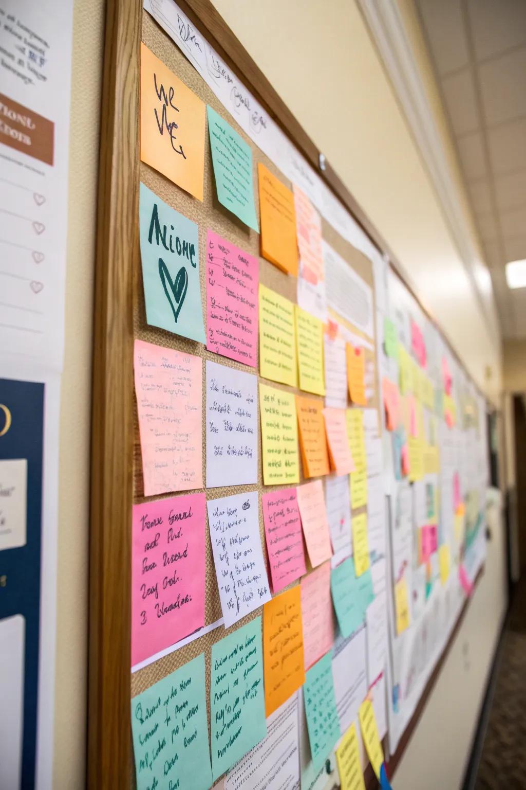 A bulletin board promoting positivity with handwritten messages.