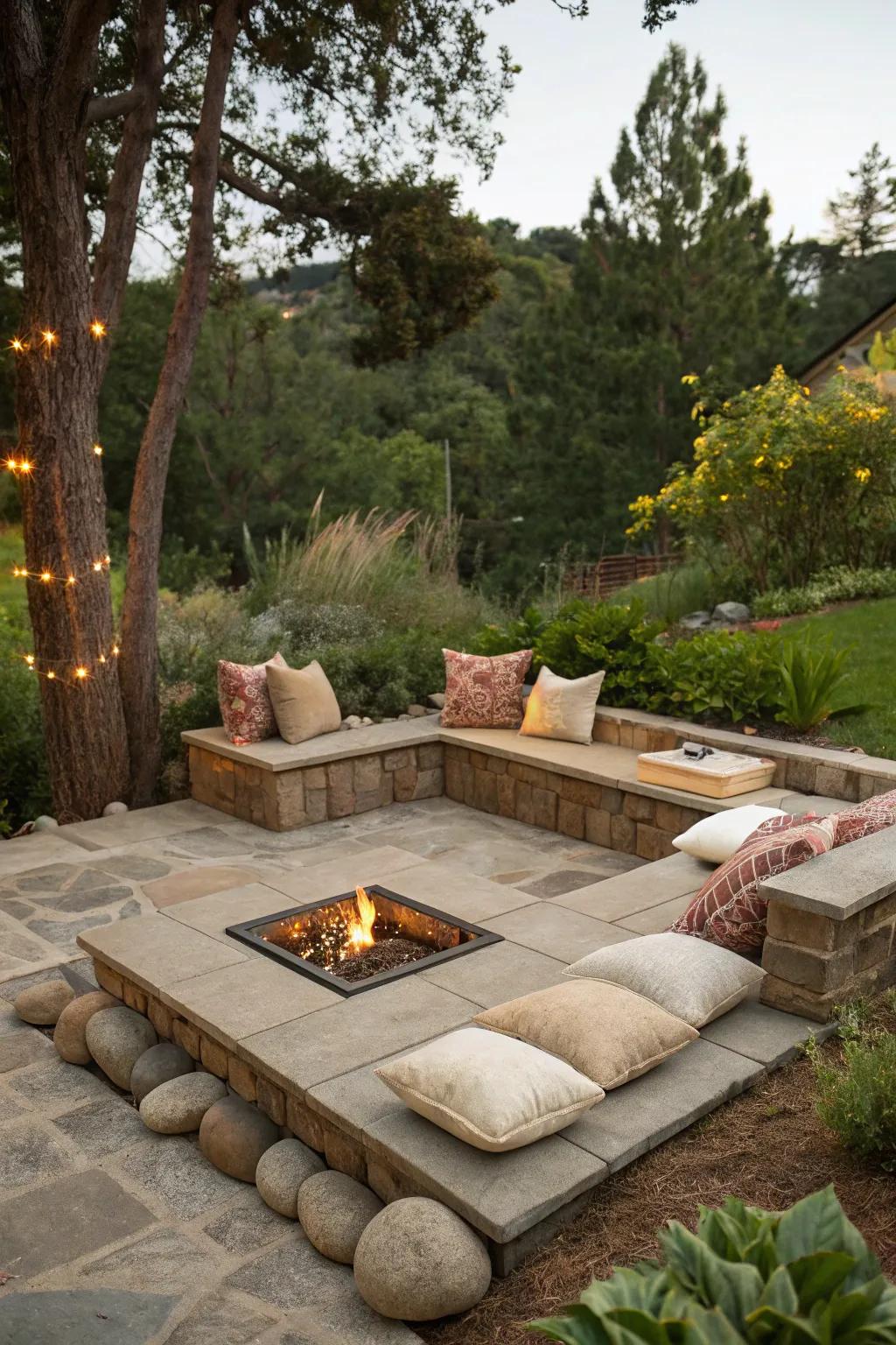 Integrated seating crafts an inviting fire pit area.