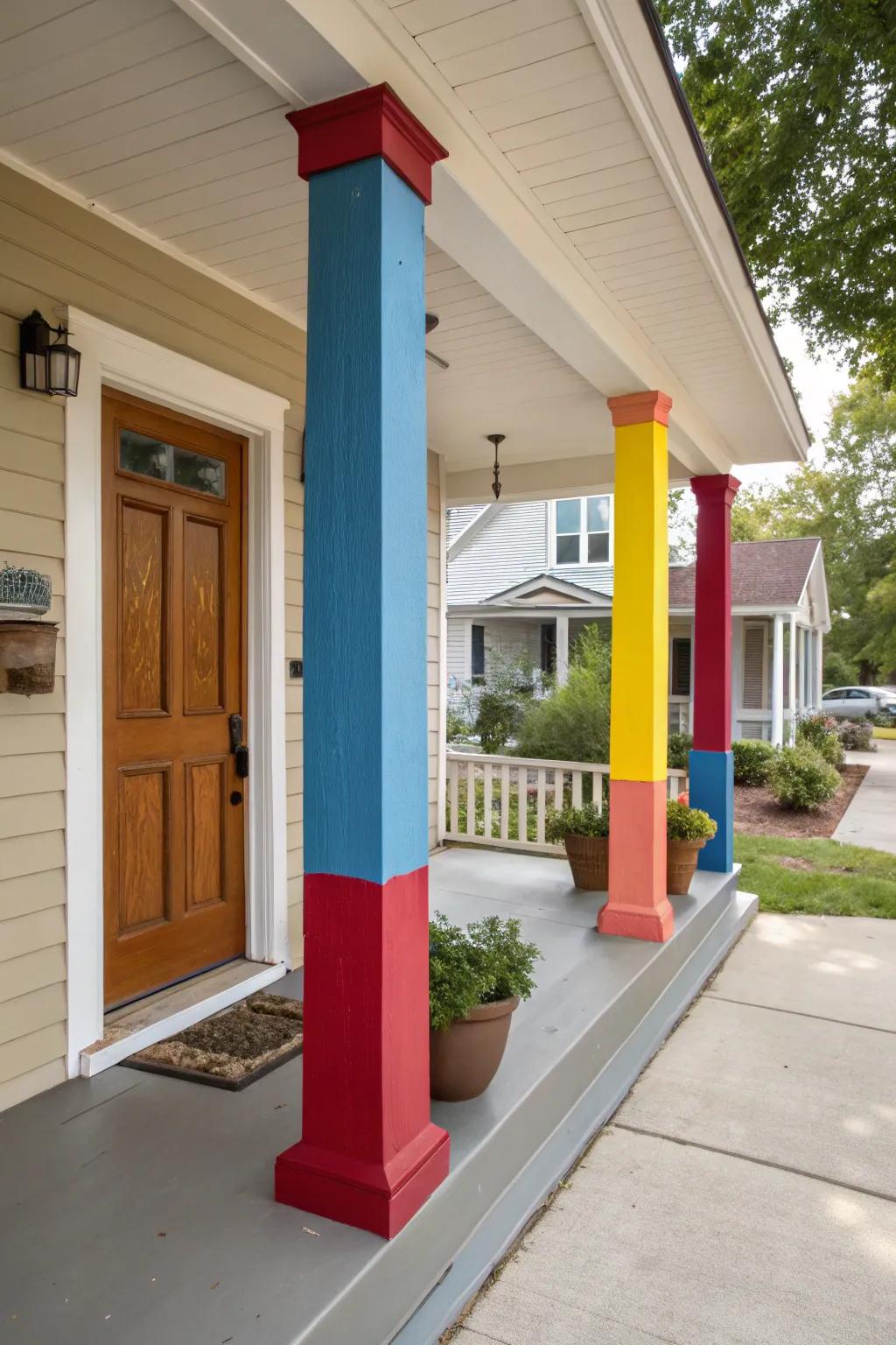 Strong colors on square columns establish a striking visual effect.