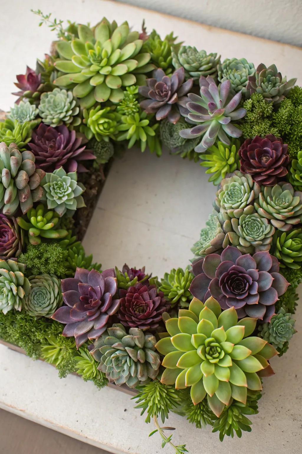 Succulent square wreaths are a contemporary and simple decor option.