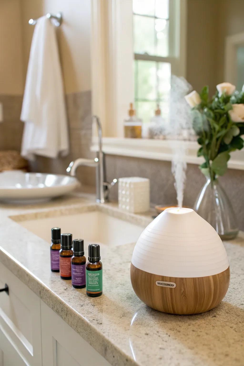 A diffuser containing fragrant oils delivers a soothing aroma within the restroom.