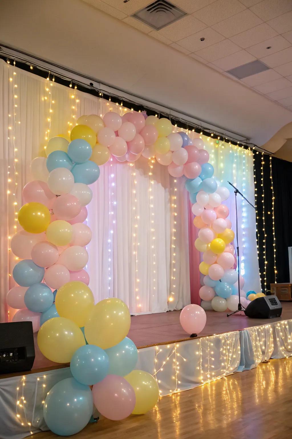 A dreamy background, accentuated with pastel balloons and radiant fairy lights.