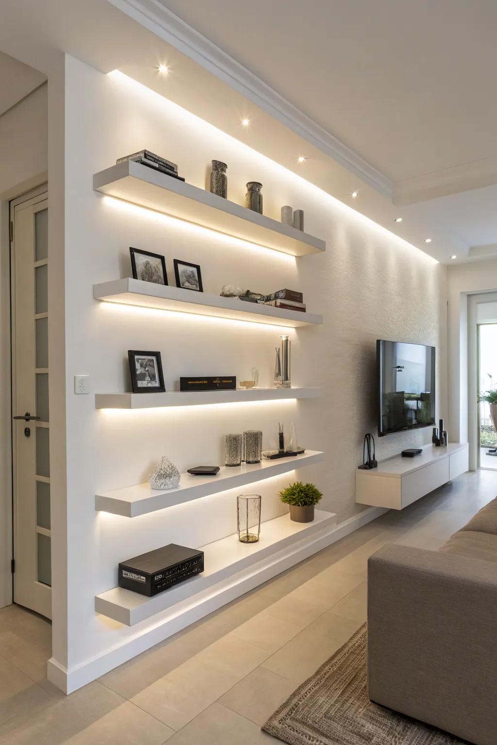 Contemporary minimalist shelves illuminated by LED.
