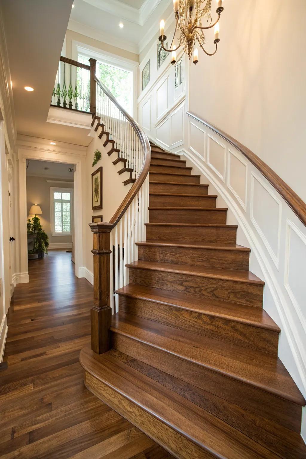 Inviting wood steps combine refinement with natural allure.