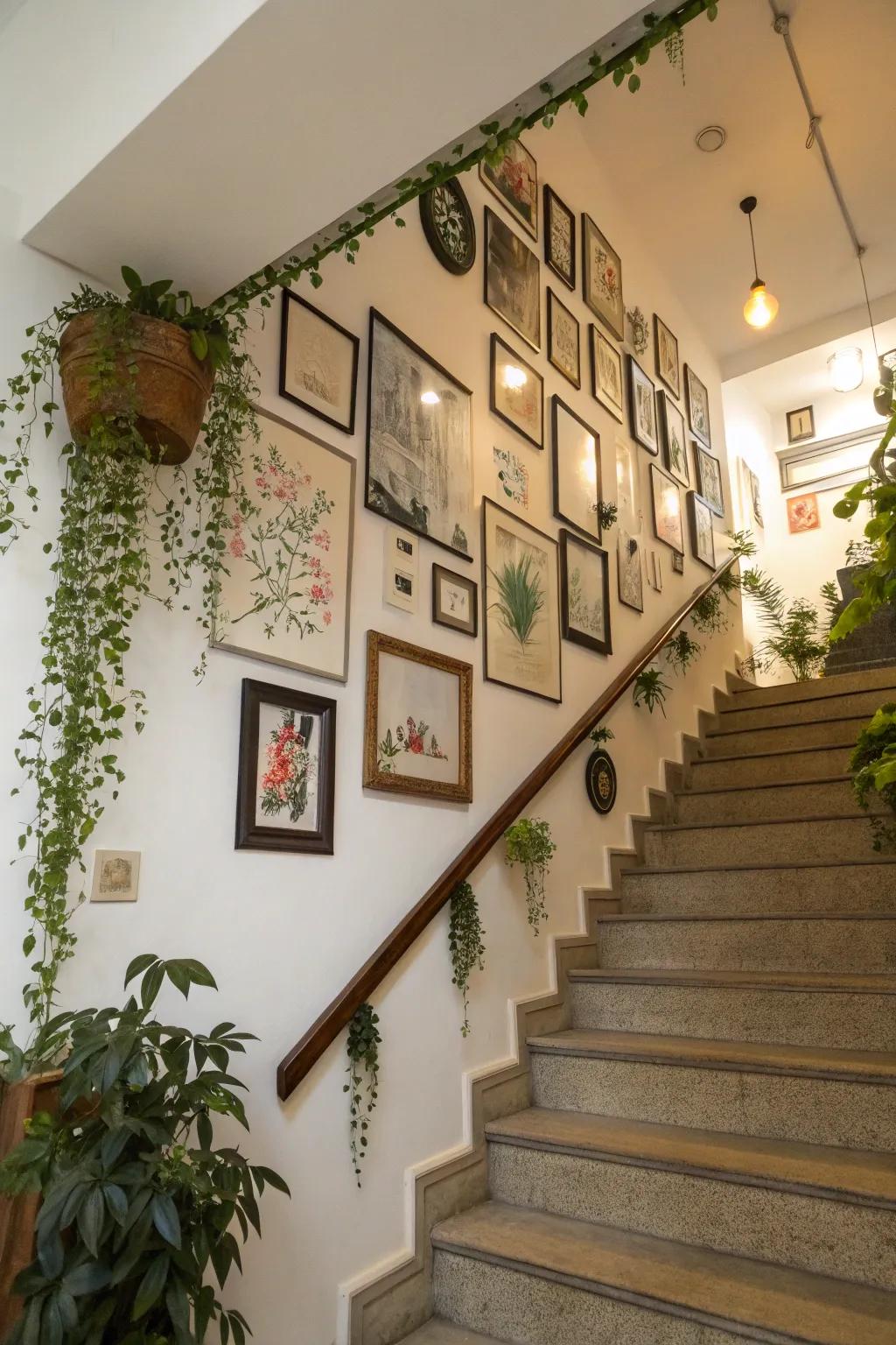 Little hanging plants add a dynamic touch to the staircase display wall.