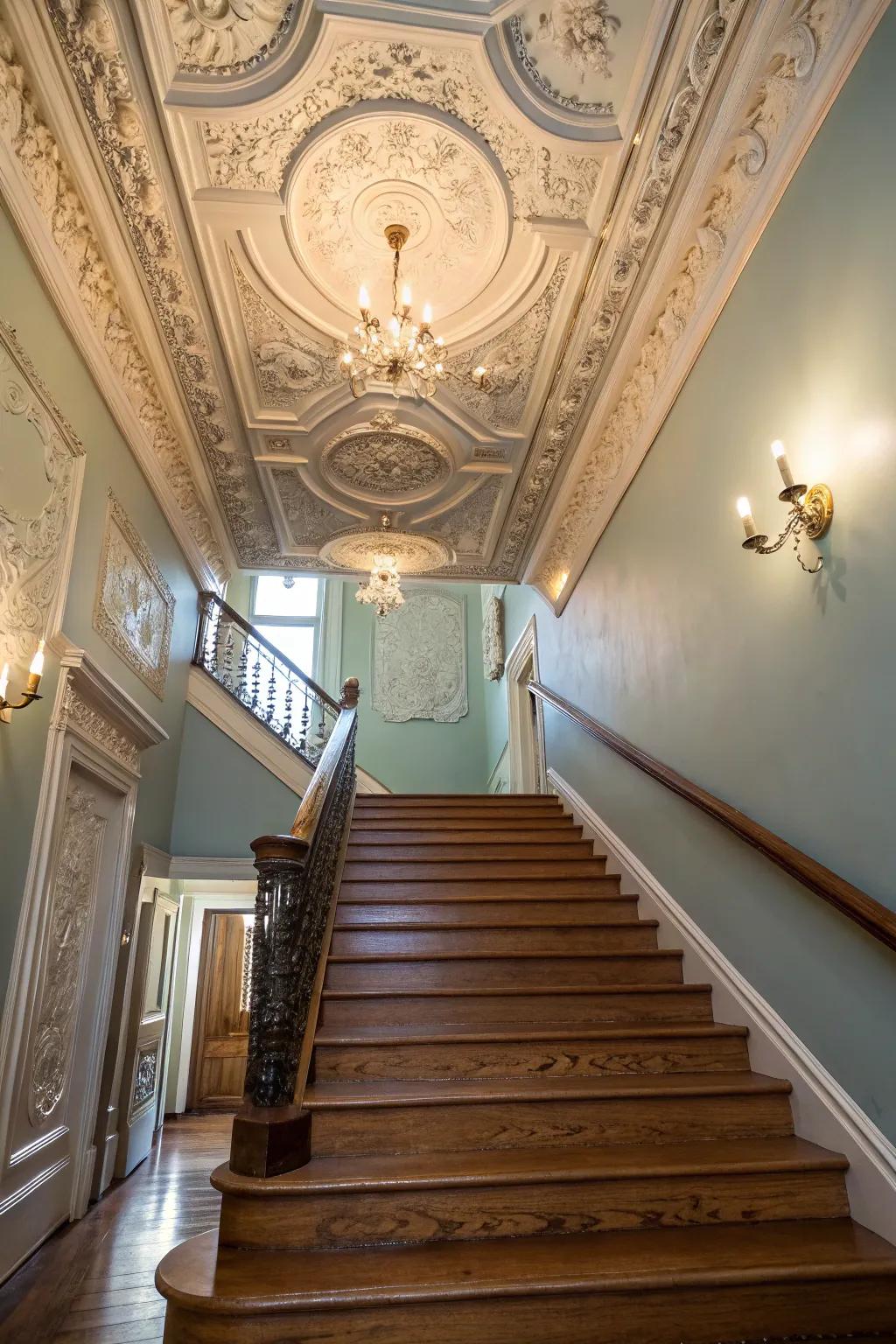 Decorative ceiling trim boosts the opulence of any stairwell.