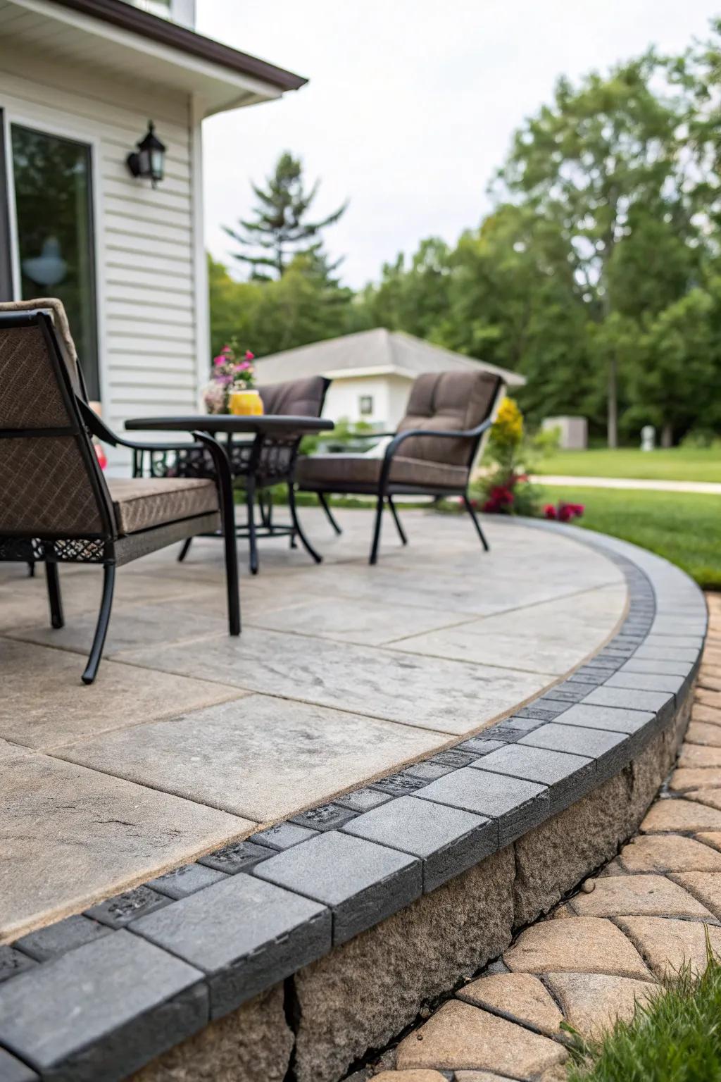 Lively patio featuring stamped concrete border with complementary colors