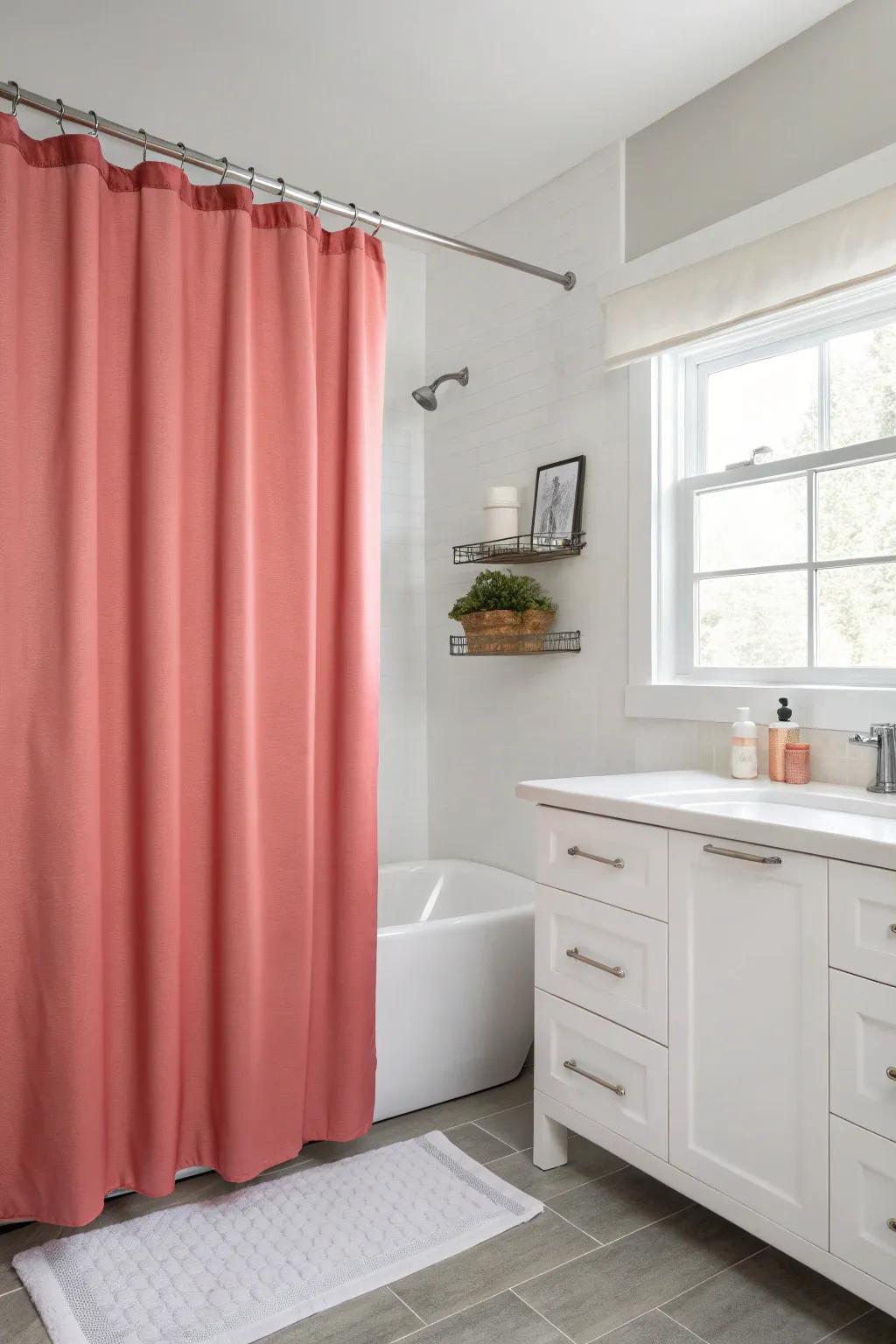 Solid color shower curtains establish a tranquil and refined atmosphere.
