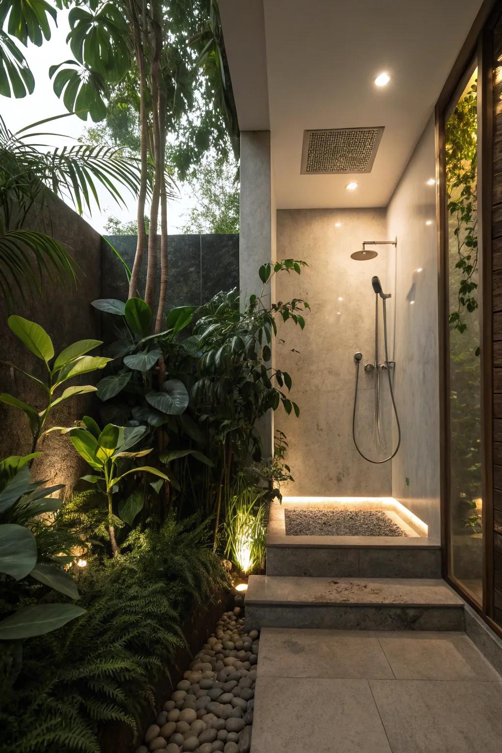 A split-level shower conceived with ambient illumination and verdant accents, fostering a spa-inspired vibe.