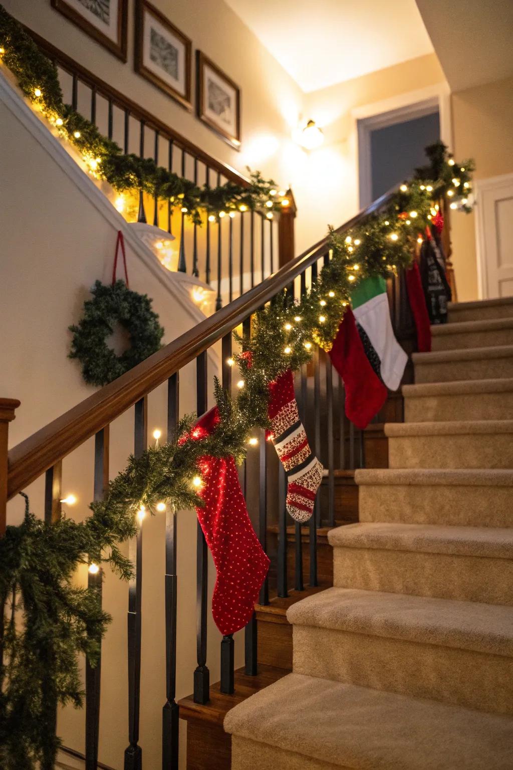 Stockings and garlands spread holiday joy along stairways.
