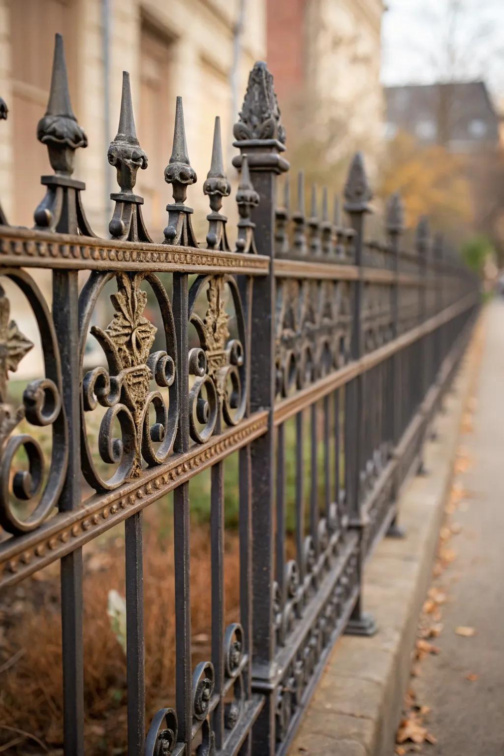An ornate iron fence with varied heights adding character to a property.
