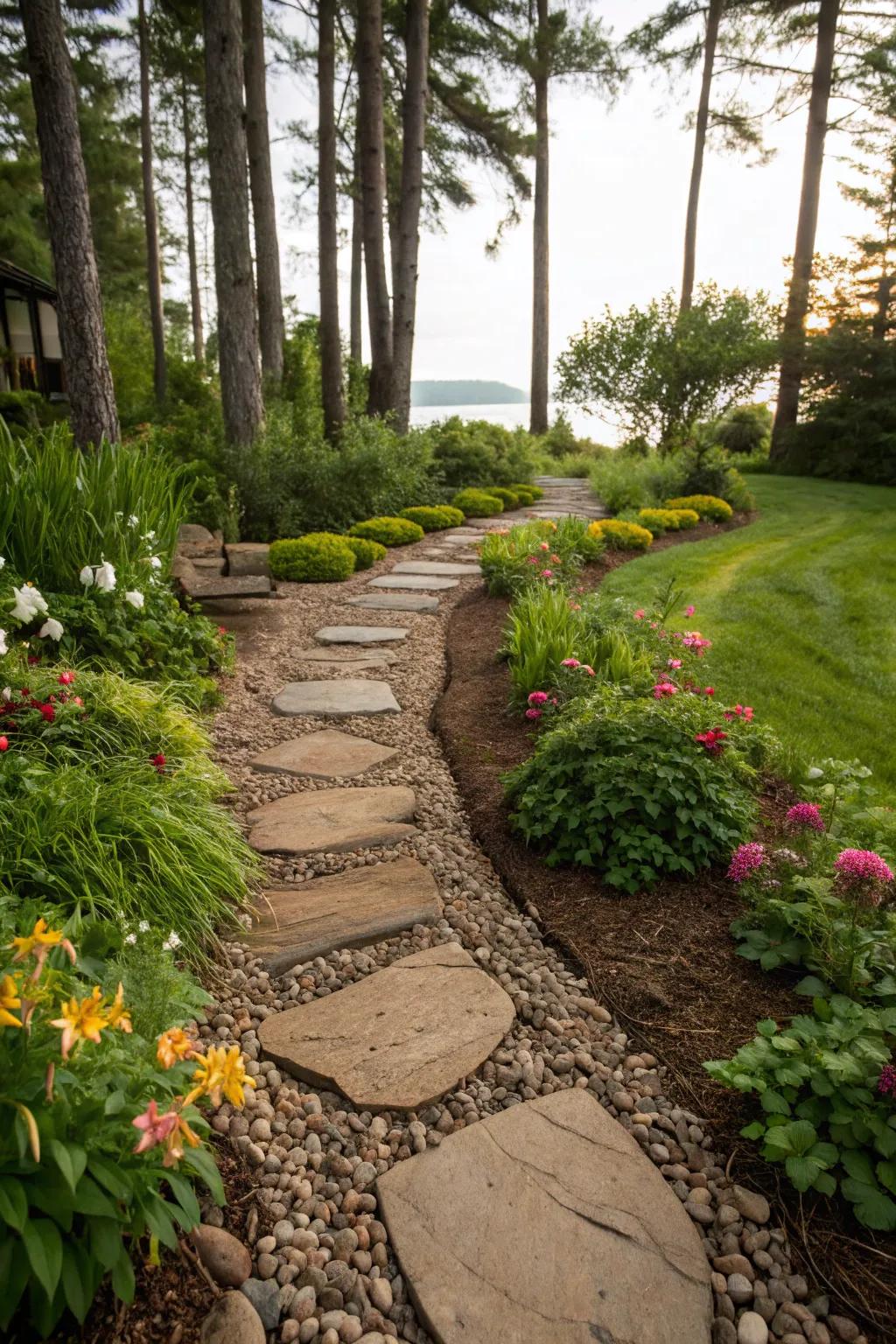 Design captivating paths by intermixing river stones and mulch.