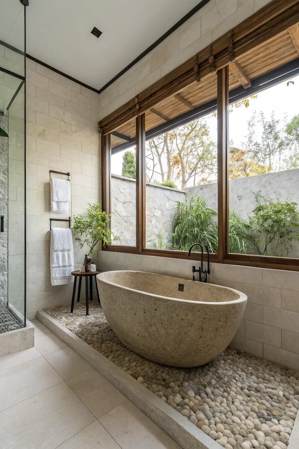 A bathroom presenting a standalone stone soaking tub with understated ornamentation.