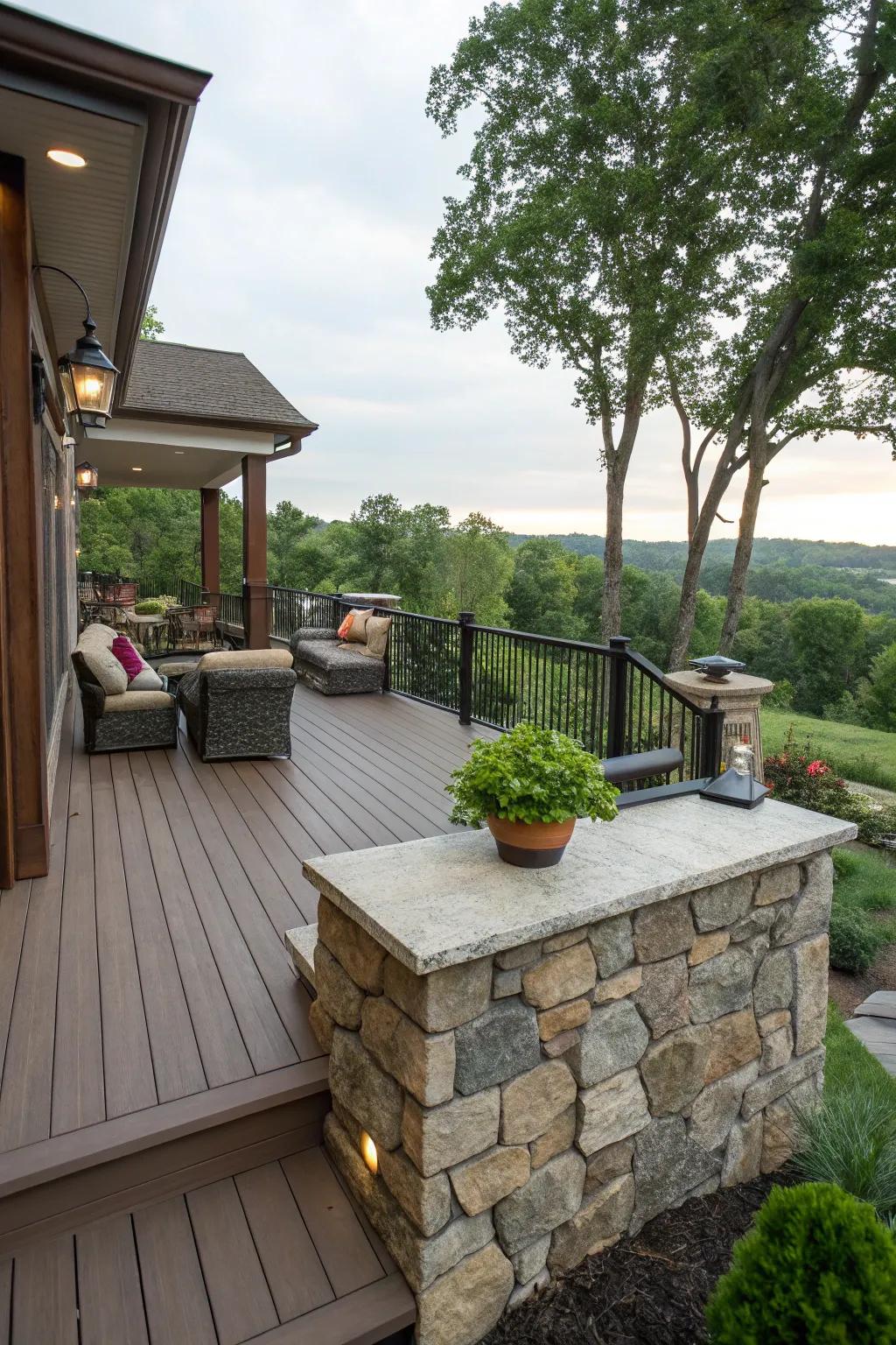 An elevated deck refined with stone cladding, delivering a neat and polished visual.