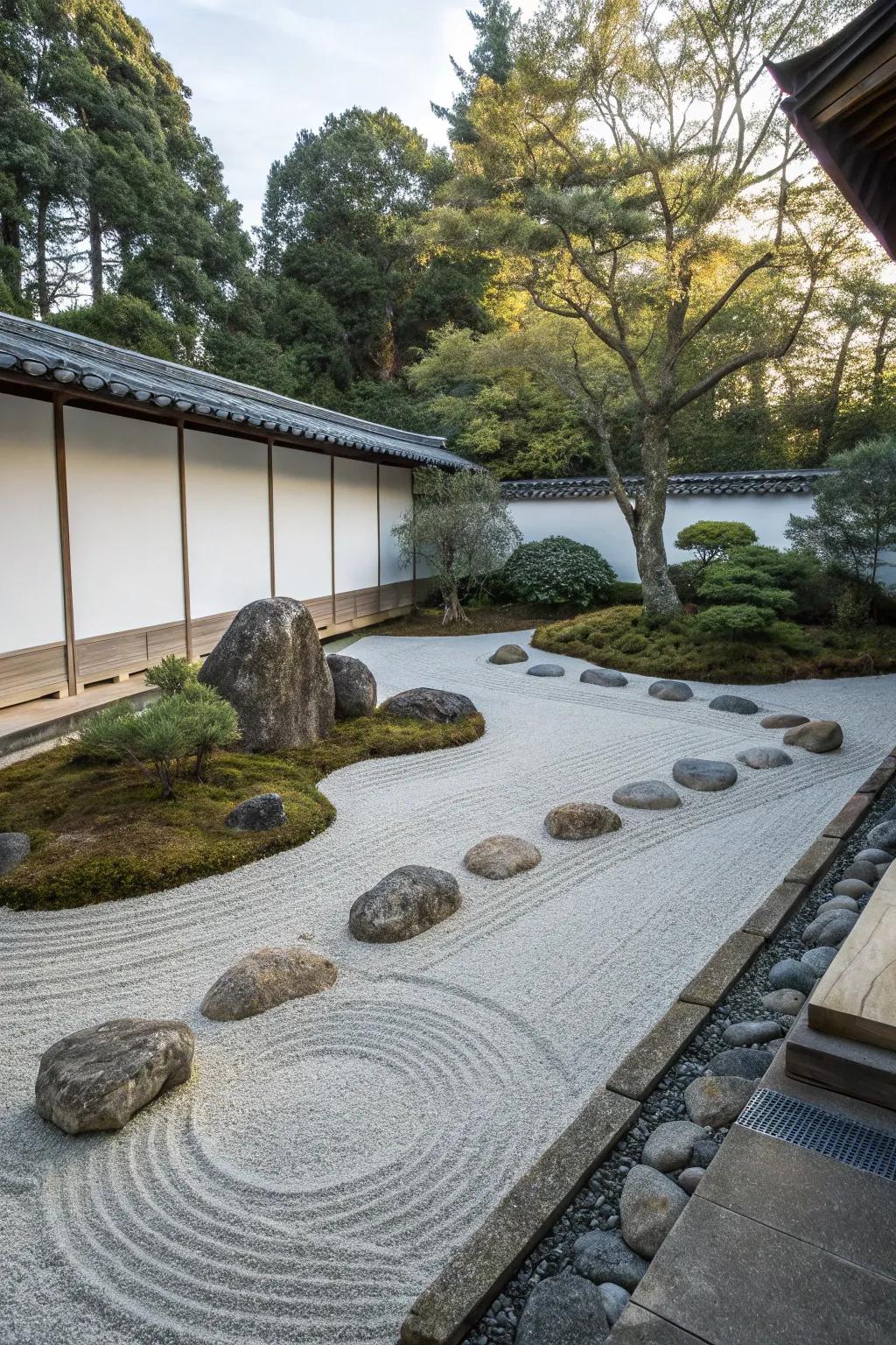 A tranquil Zen garden featuring soothing rocky aspects.