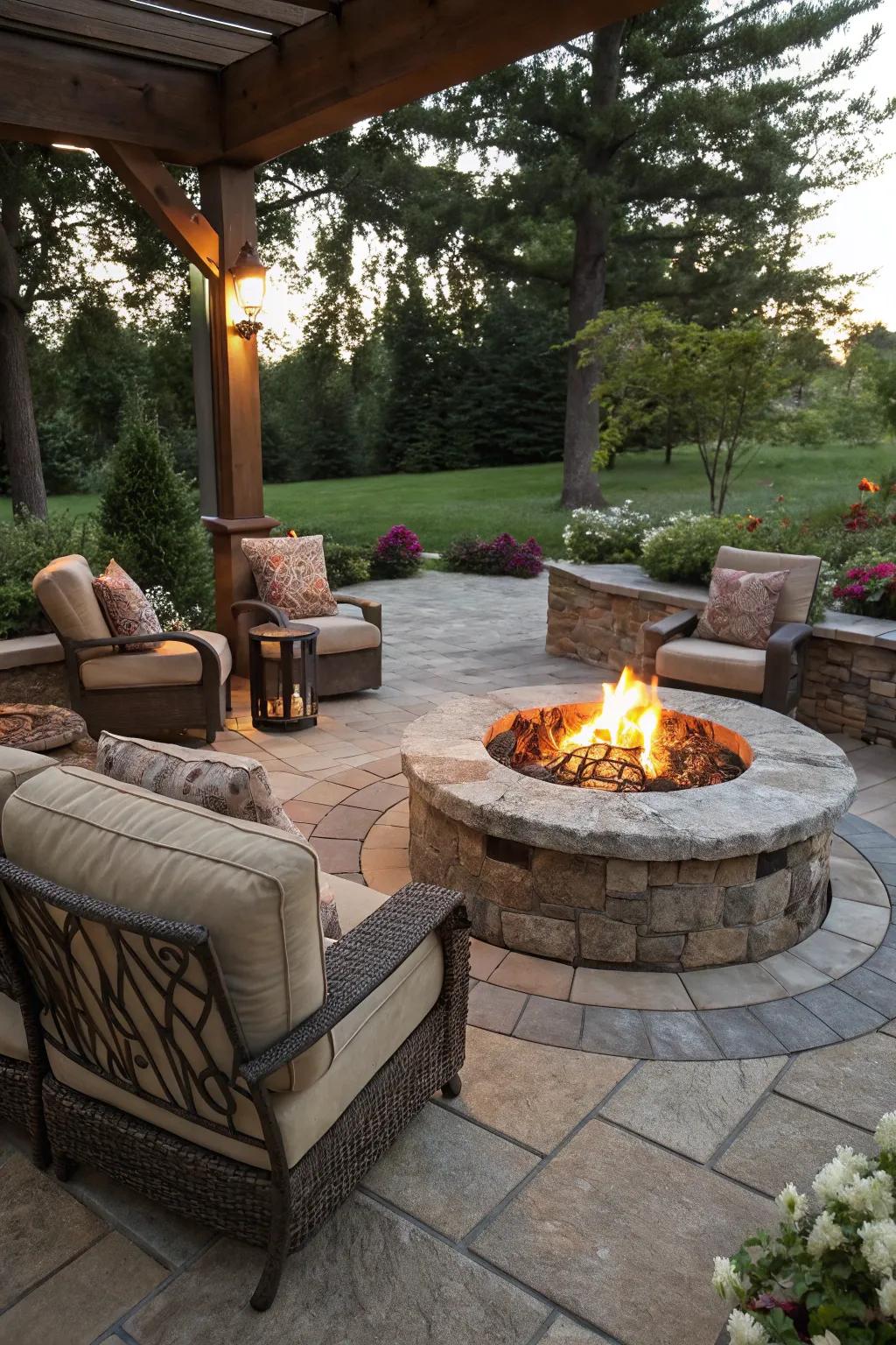 A stone patio, featuring a welcoming bonfire area as its centerpiece.