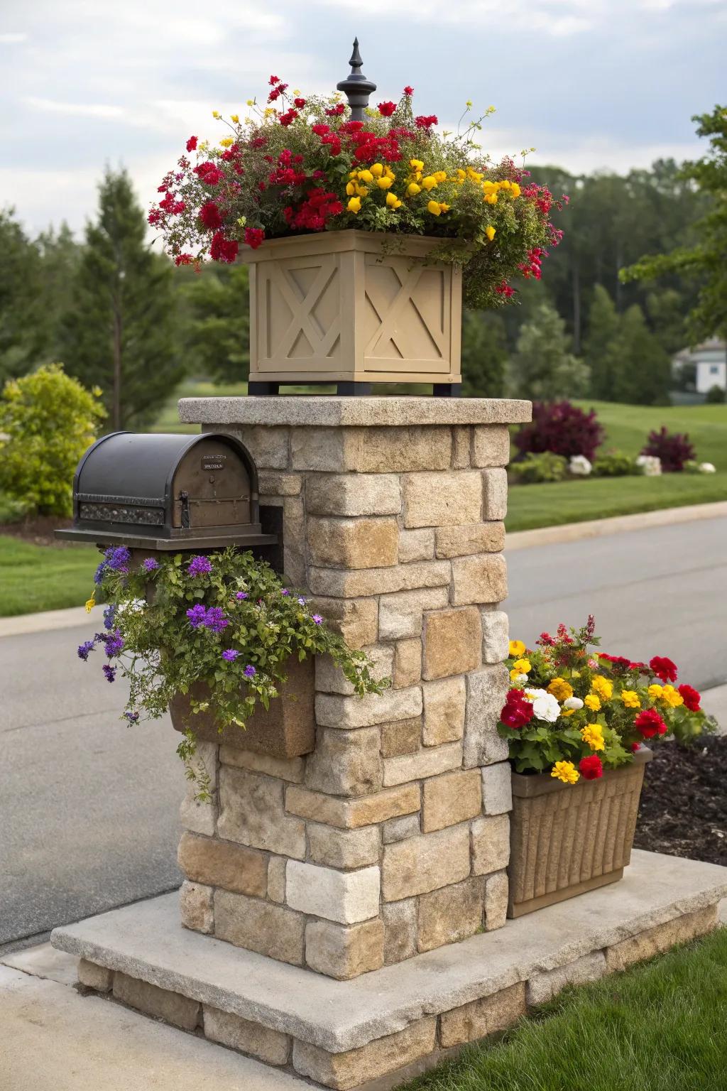 A stone mailbox pillar showcasing a lively built-in plant holder.