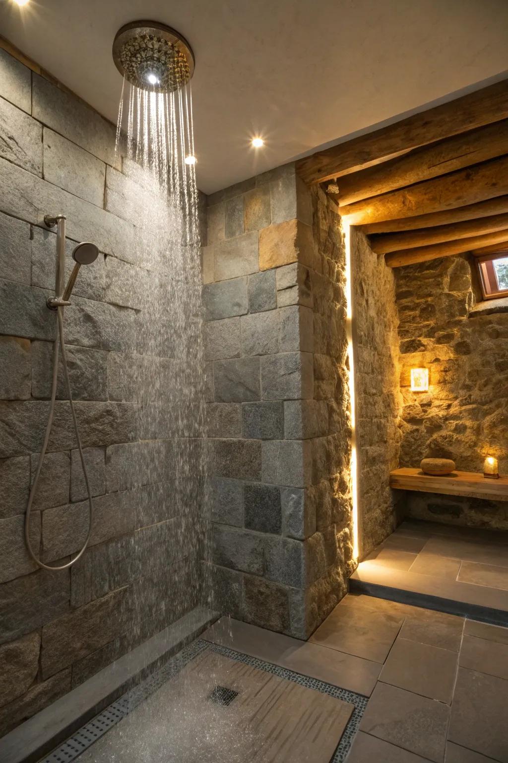 Indulge in unparalleled luxury through a deluge shower fixture nestled within a rock milieu.