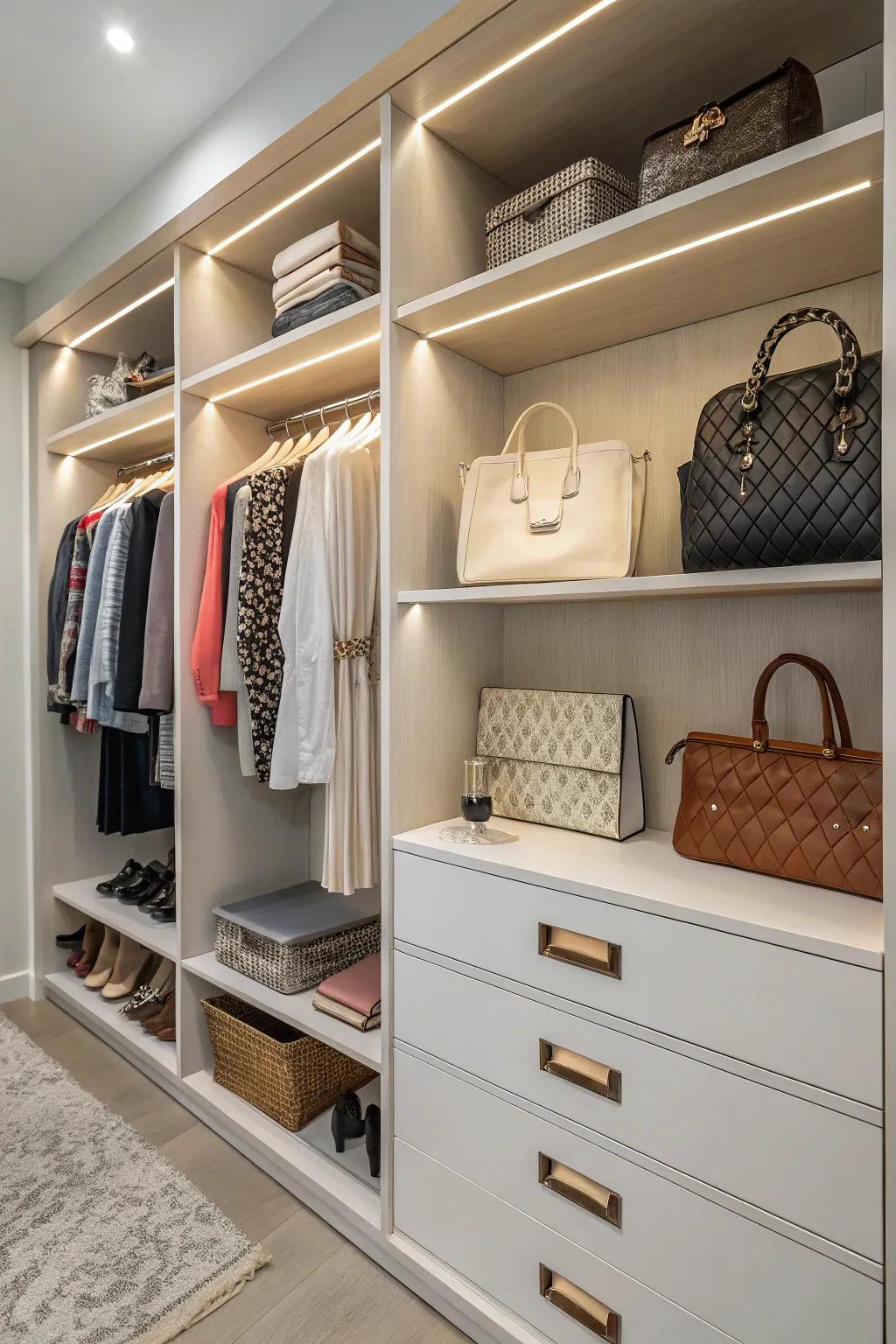 Closet featuring integrated handbag storage.