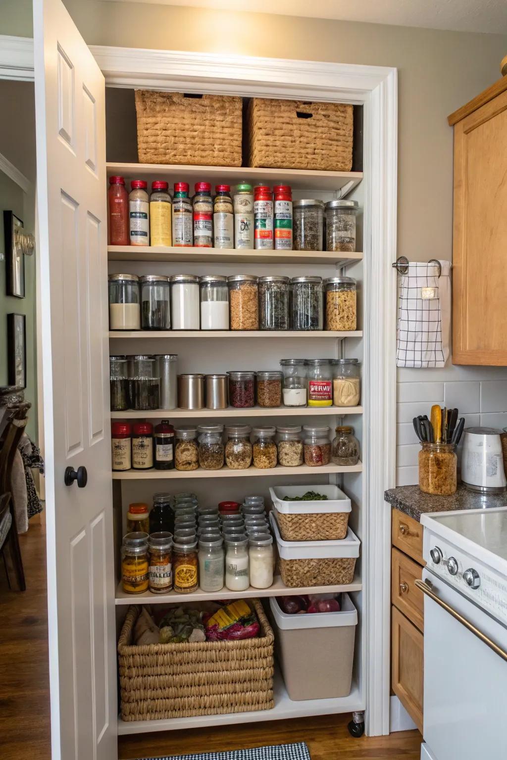 A tall pantry shelf situated in a compact kitchen.