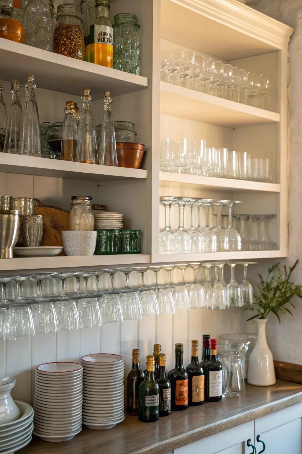Viewable shelving lends an airy vibe and highlights your glassware with grace.