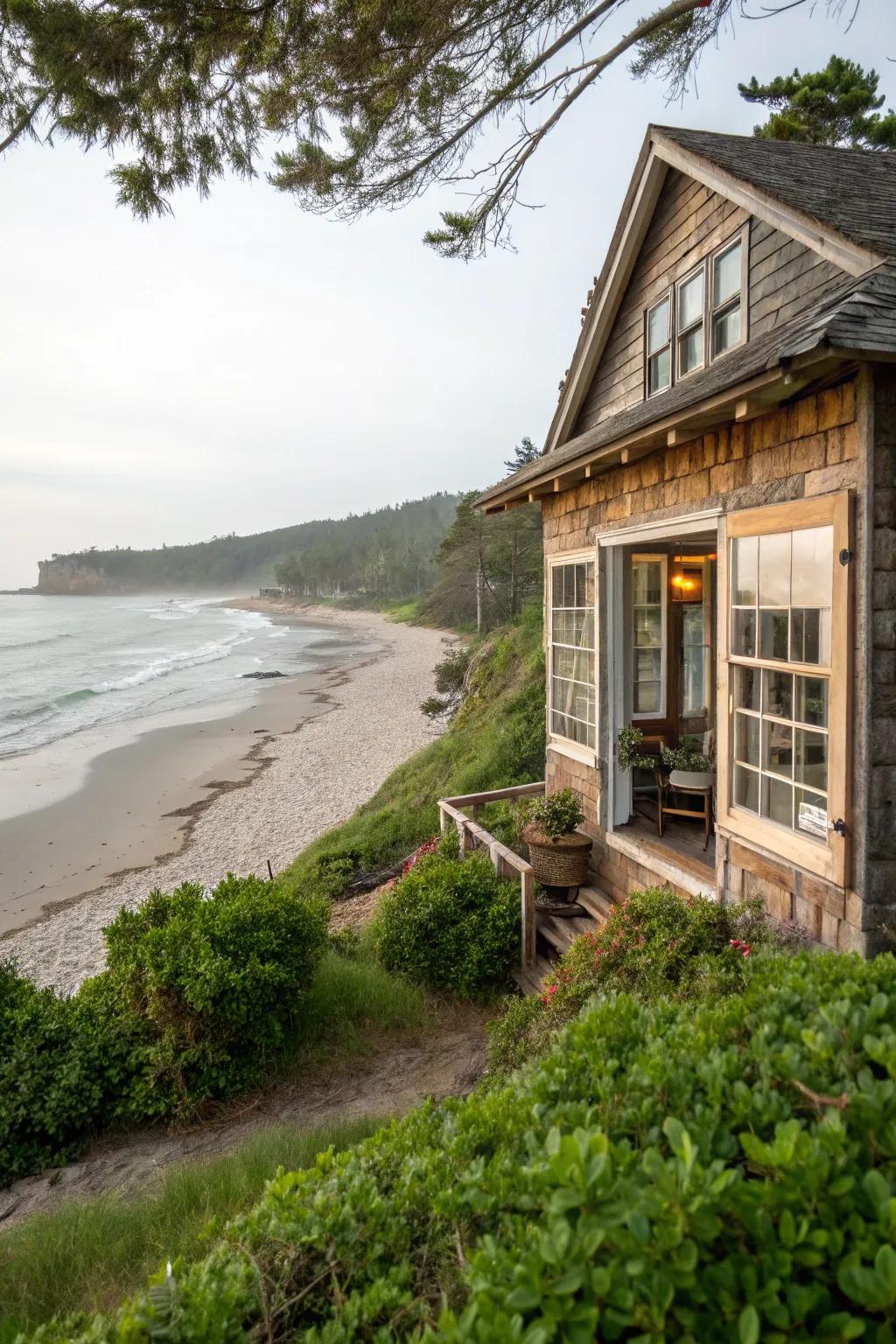 A beachfront home with a view of the peaceful shore.